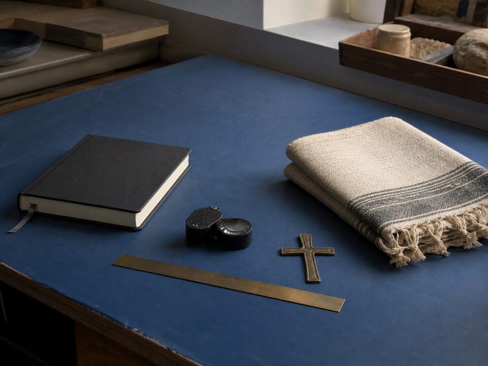 Editorial desk: a devotional object arranged on a worktable